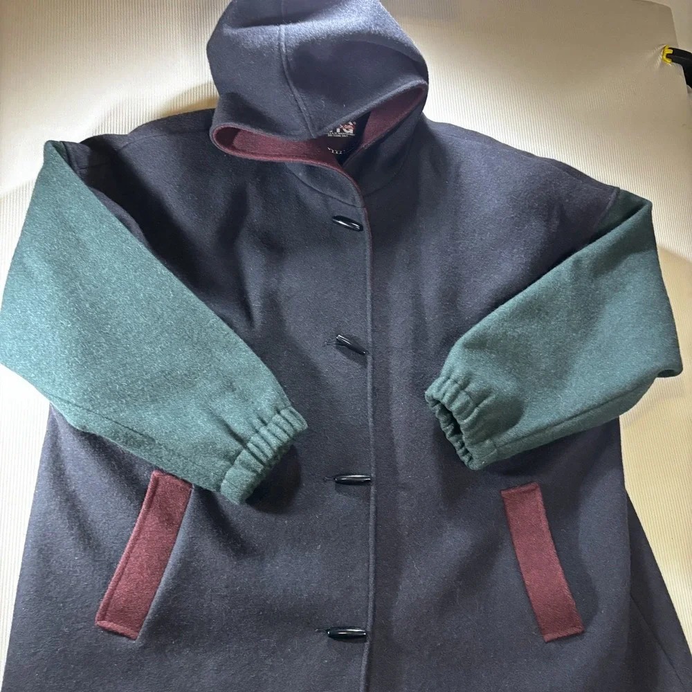Vtg 90's Wool Coat W/ Hood  Color Block  New York Girl  Sz 24 1/2‎ Womens Cozy